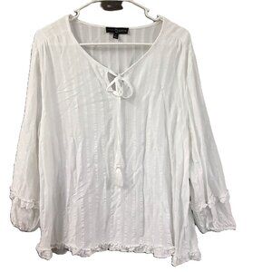 Fred David Womans Blouse Size XL White Peasant 3/4 Sleeve Hippie 100% Rayon